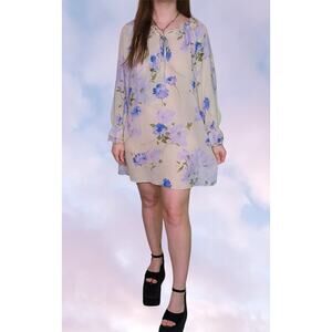 90s Y2k Off Shoulder White Sheer Blue Flowers Long Sleeve Midi Boho Fairy Dress